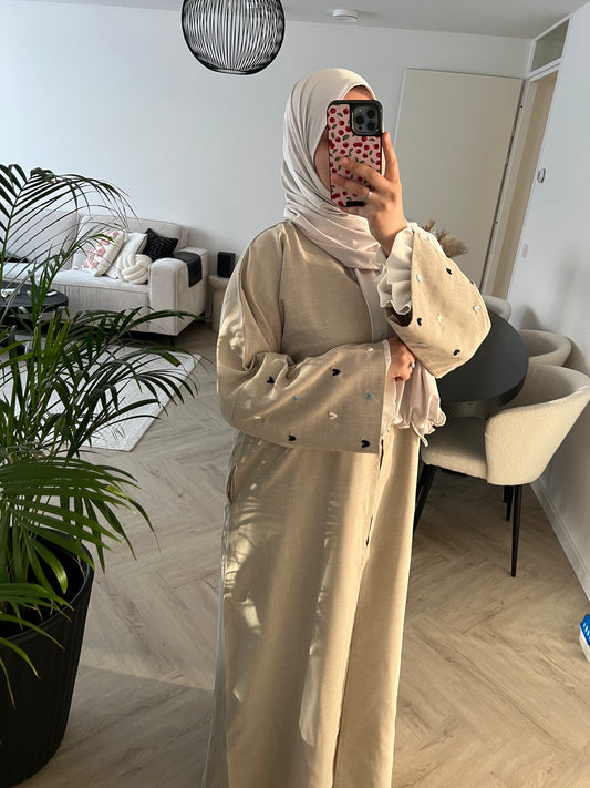 Beige heart abaya - Dark blue hearts