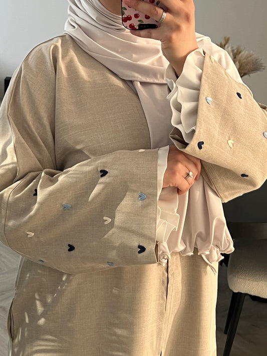 Beige heart abaya - Dark blue hearts