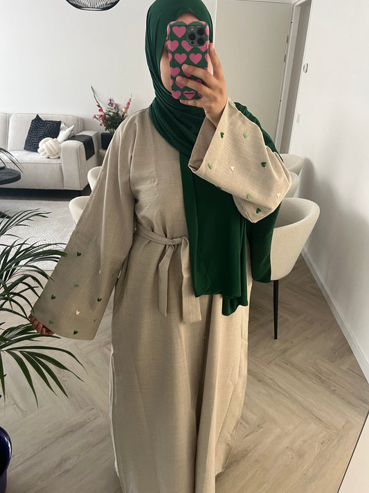 Beige heart abaya - Green hearts