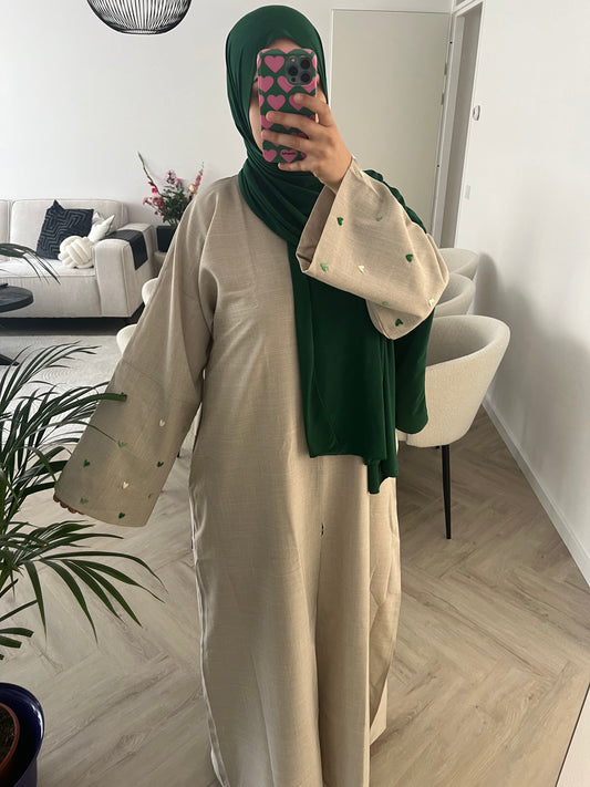 Beige heart abaya - Green hearts