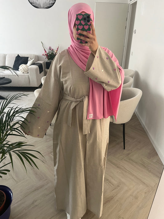 Beige heart abaya - Pink & lilac hearts