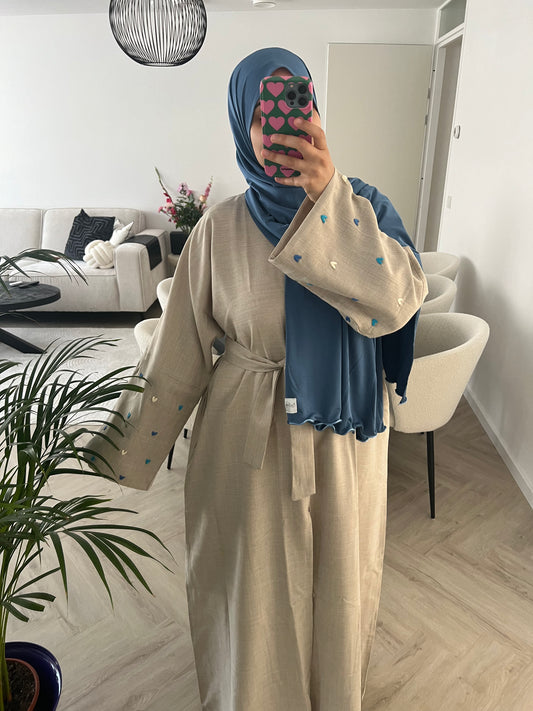 Beige heart abaya - Blue hearts